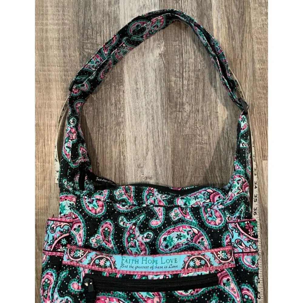 Faith Hope Love Shoulder Bag Black Paisley Floral Quilted Multi-Pocket Purse Zip - Picture 13 of 16